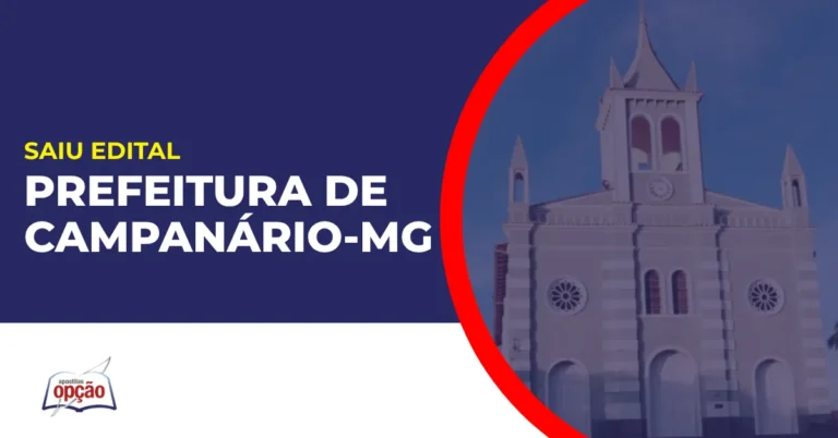 Imagem com fundo azul divulgando o Concurso Prefeitura de Campanário MG