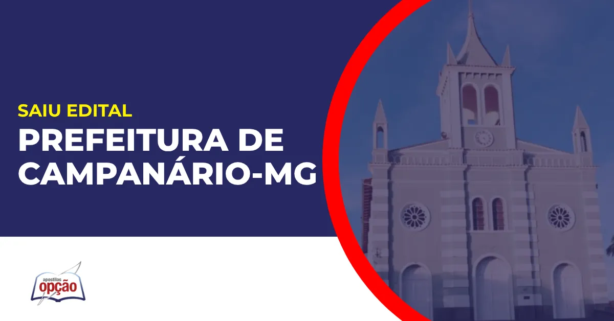 Imagem com fundo azul divulgando o Concurso Prefeitura de Campanário MG