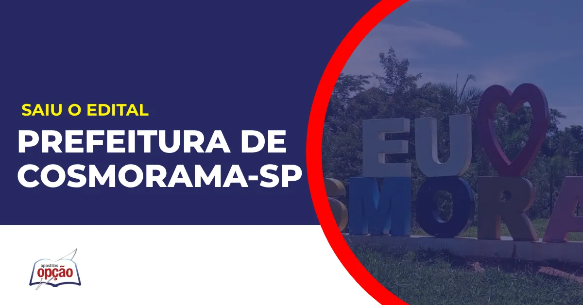 Imagem com fundo azul divulgando o Concurso Prefeitura de Cosmorama SP