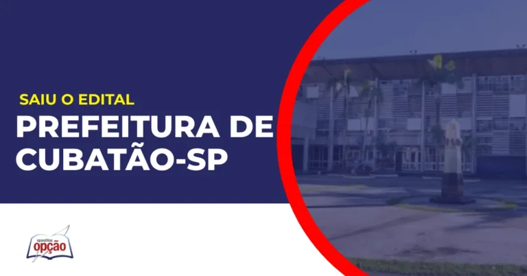 Imagem com fundo azul divulgando o Concurso Prefeitura de Cubatão SP