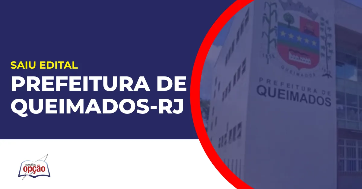 Imagem com fundo azul divulgando o Concurso Prefeitura de Queimados RJ