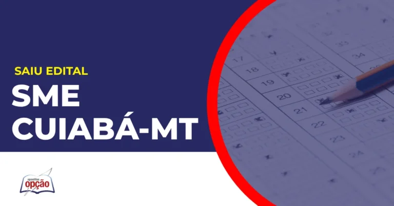 Imagem com fundo azul divulgando o Concurso SME Cuiabá MT