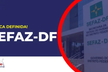 Imagem com com fundo azul divulgando o Concurso Sefaz DF