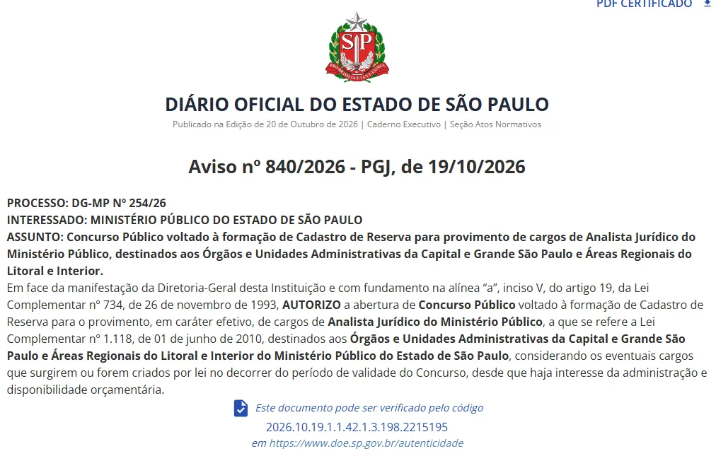 Concurso MP SP: Novos certames autorizados; iniciais de até R$ 13mil!