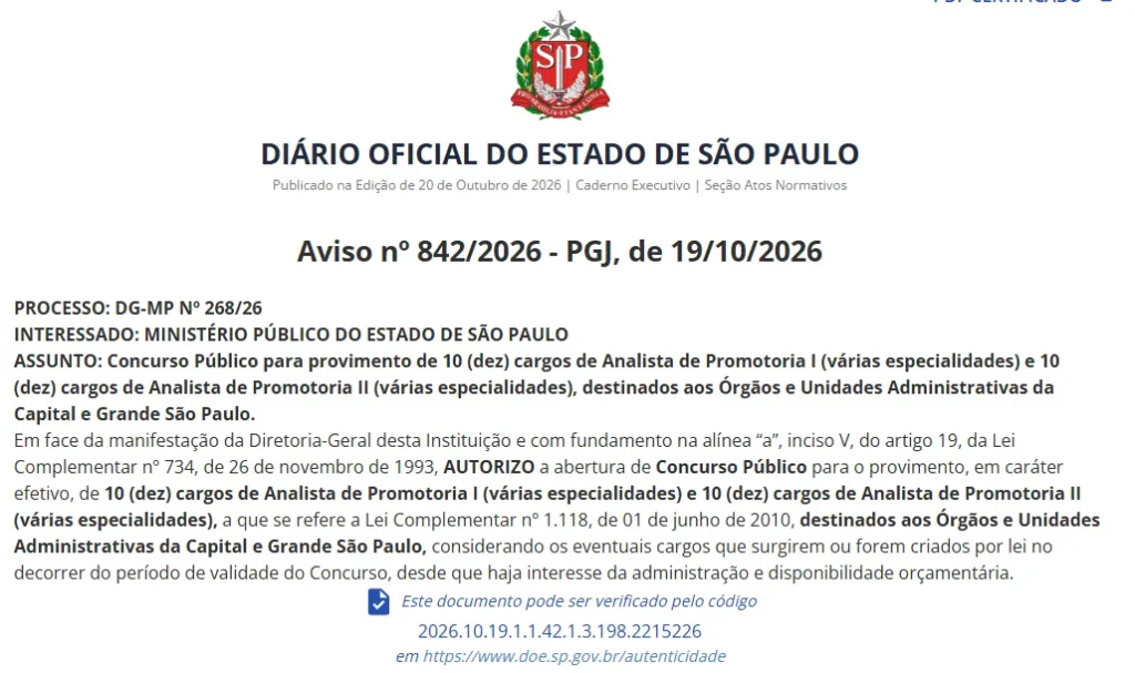 Concurso MP SP: Novos certames autorizados; iniciais de até R$ 13mil!