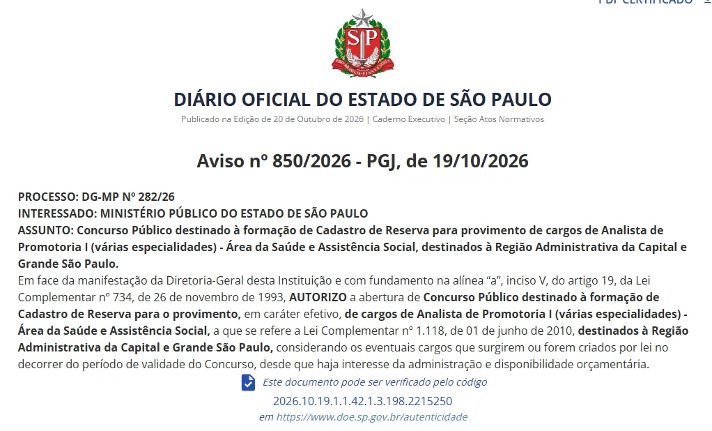 Concurso MP SP: Novos certames autorizados; iniciais de até R$ 13mil!