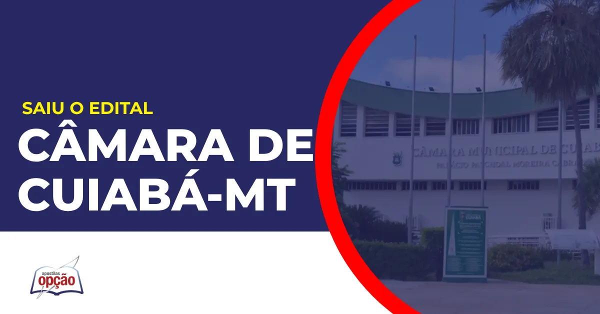 Imagem com fundo azul divulgando o Concurso Câmara de Cuiabá MT