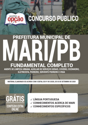 Apostila Prefeitura de Mari - PB - Fundamental Completo: Agente de Limpeza Urbana, Auxiliar de Serviços Gerais, Coveiro, Cozinheiro, Eletricista, Pedreiro, Servente Pedreiro e Vigia
