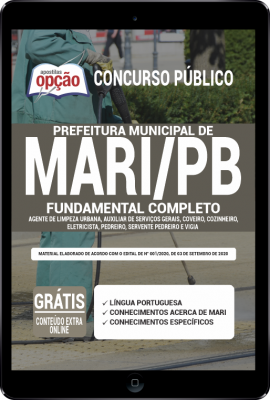 Apostila Prefeitura de Mari - PB em PDF - Fundamental Completo: Agente de Limpeza Urbana, Auxiliar de Serviços Gerais, Coveiro, Cozinheiro, Eletricista, Pedreiro, Servente Pedreiro e Vigia