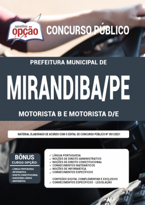 Apostila Prefeitura de Mirandiba - PE - Motorista B e Motorista D/E