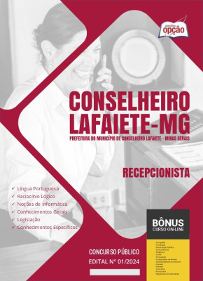 Apostila Prefeitura de Conselheiro Lafaiete - MG em PDF - Recepcionista 