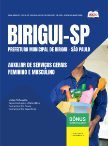 Apostila Prefeitura de Birigui-SP 2026 - Auxiliar de Serviços Gerais Feminino e Masculino
