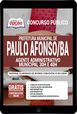 Apostila Prefeitura de Paulo Afonso - BA em PDF - Agente Administrativo Municipal - 30h e 40h -