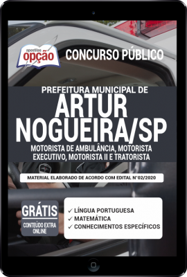 Apostila Prefeitura de Artur Nogueira - SP em PDF - Motorista de Ambulância, Motorista Executivo, Motorista II e Tratorista